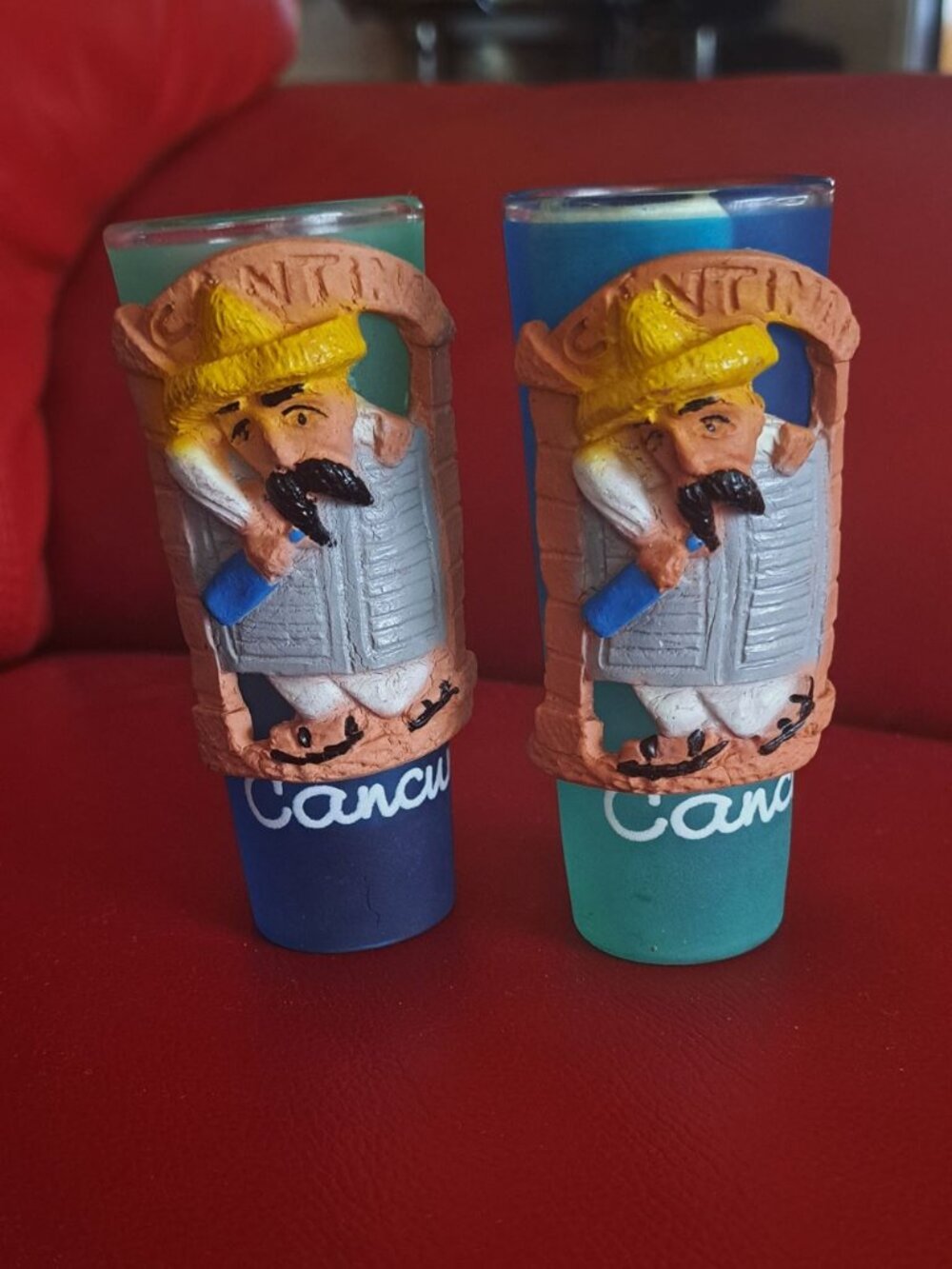 Vintage Cancun Mexico Cantina Shot Glasses Set of 2 Souvenir 3D Raised Relief